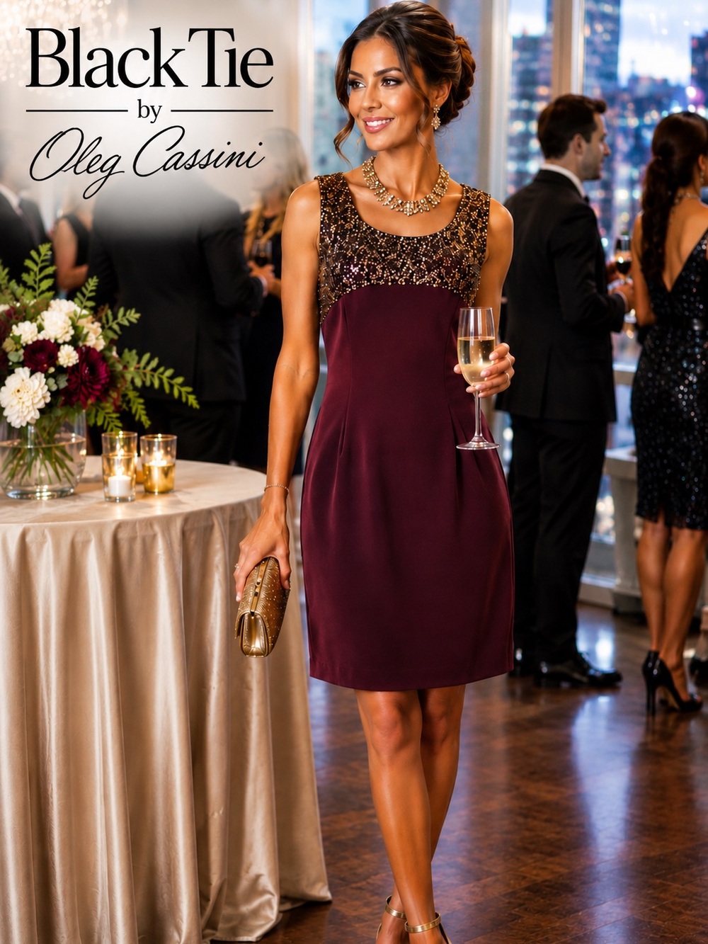 Y2K Oleg Cassini Black Tie,Lux Plum Beaded Sequin Cocktail Evening Dress,Size 10